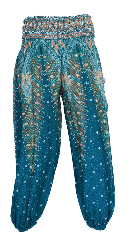 Feather Design Straight Leg Harem Pants in Turquoise