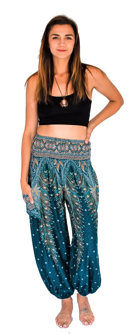 Feather Design Straight Leg Harem Pants in Turquoise