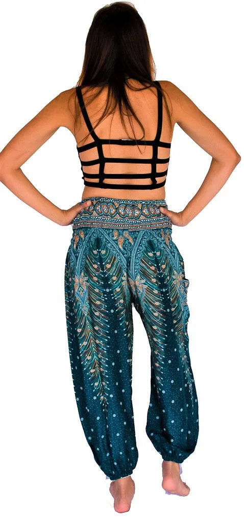 Feather Design Straight Leg Harem Pants in Turquoise