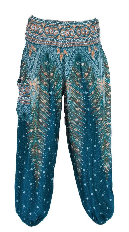 Feather Design Straight Leg Harem Pants in Turquoise