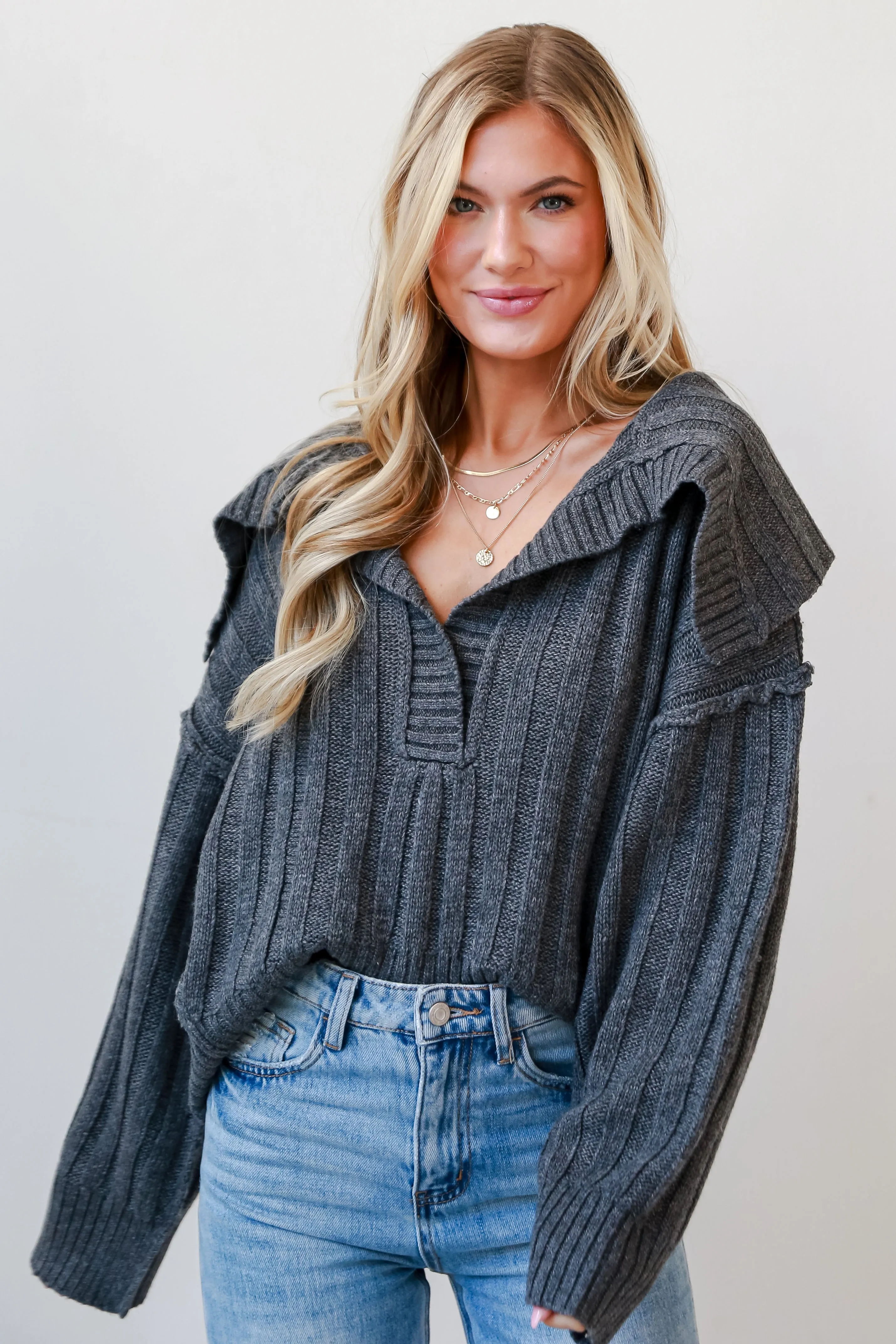 FINAL SALE - Bound For Coziness Charcoal Collared Sweater