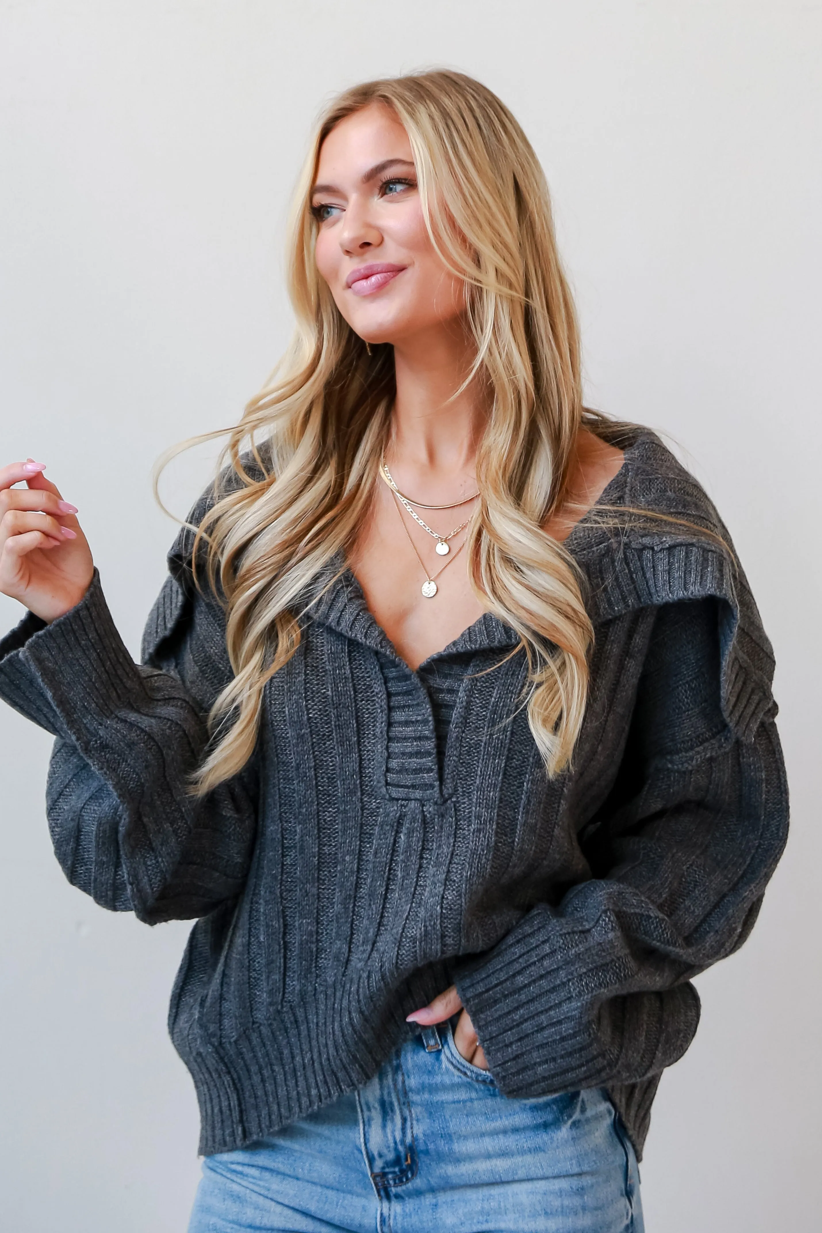 FINAL SALE - Bound For Coziness Charcoal Collared Sweater