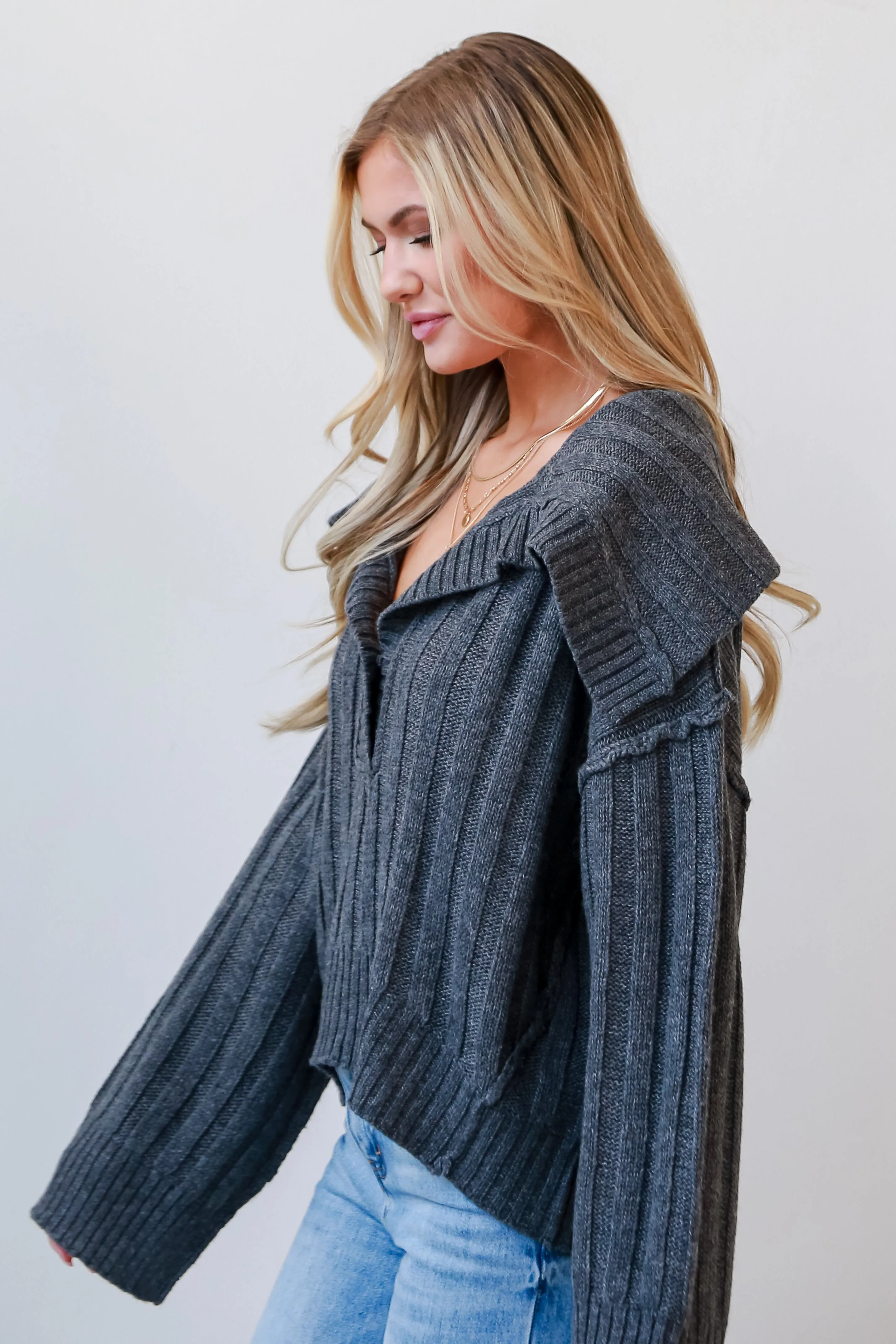 FINAL SALE - Bound For Coziness Charcoal Collared Sweater