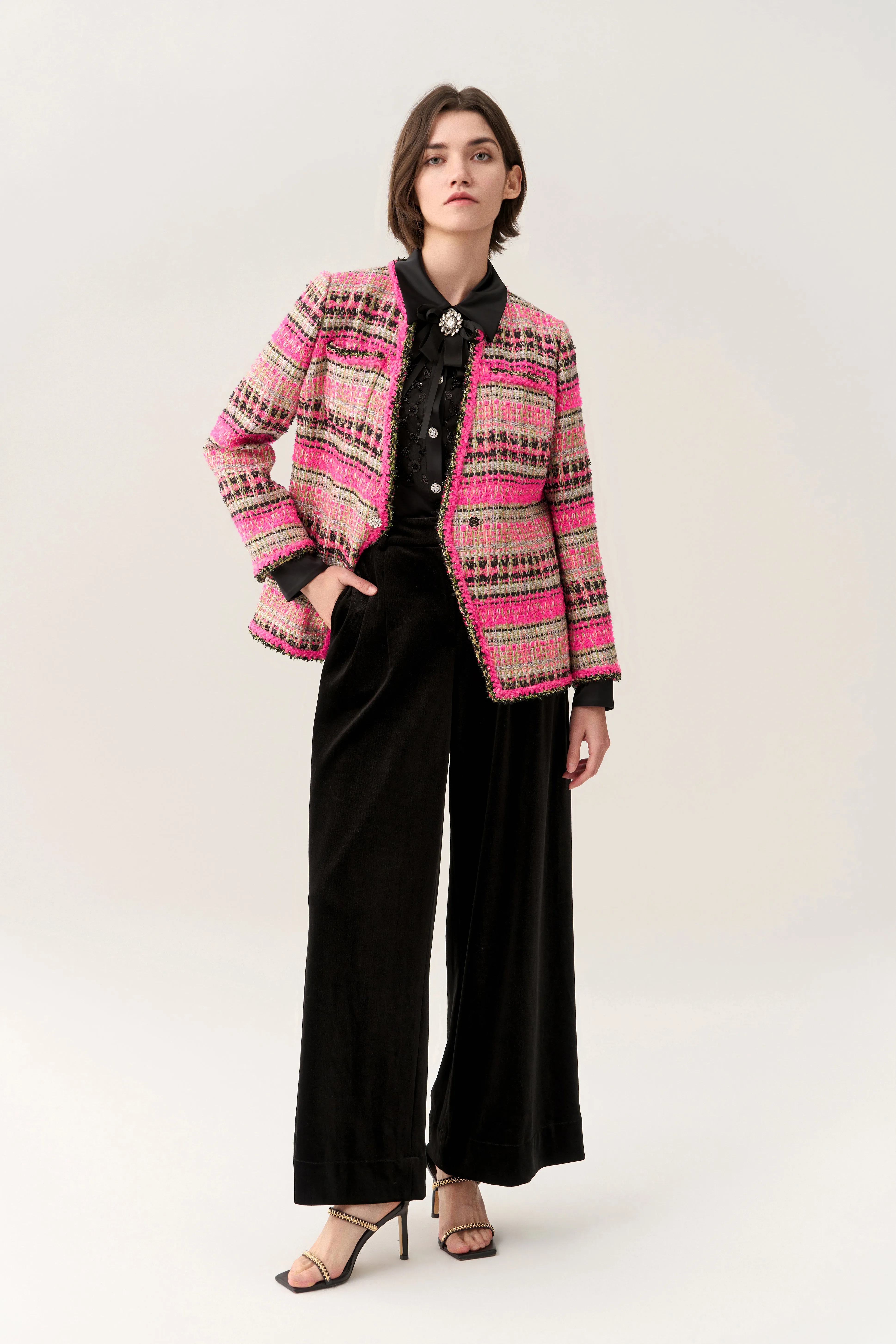 Fuchsia Shawl-lapel Striped Jacket