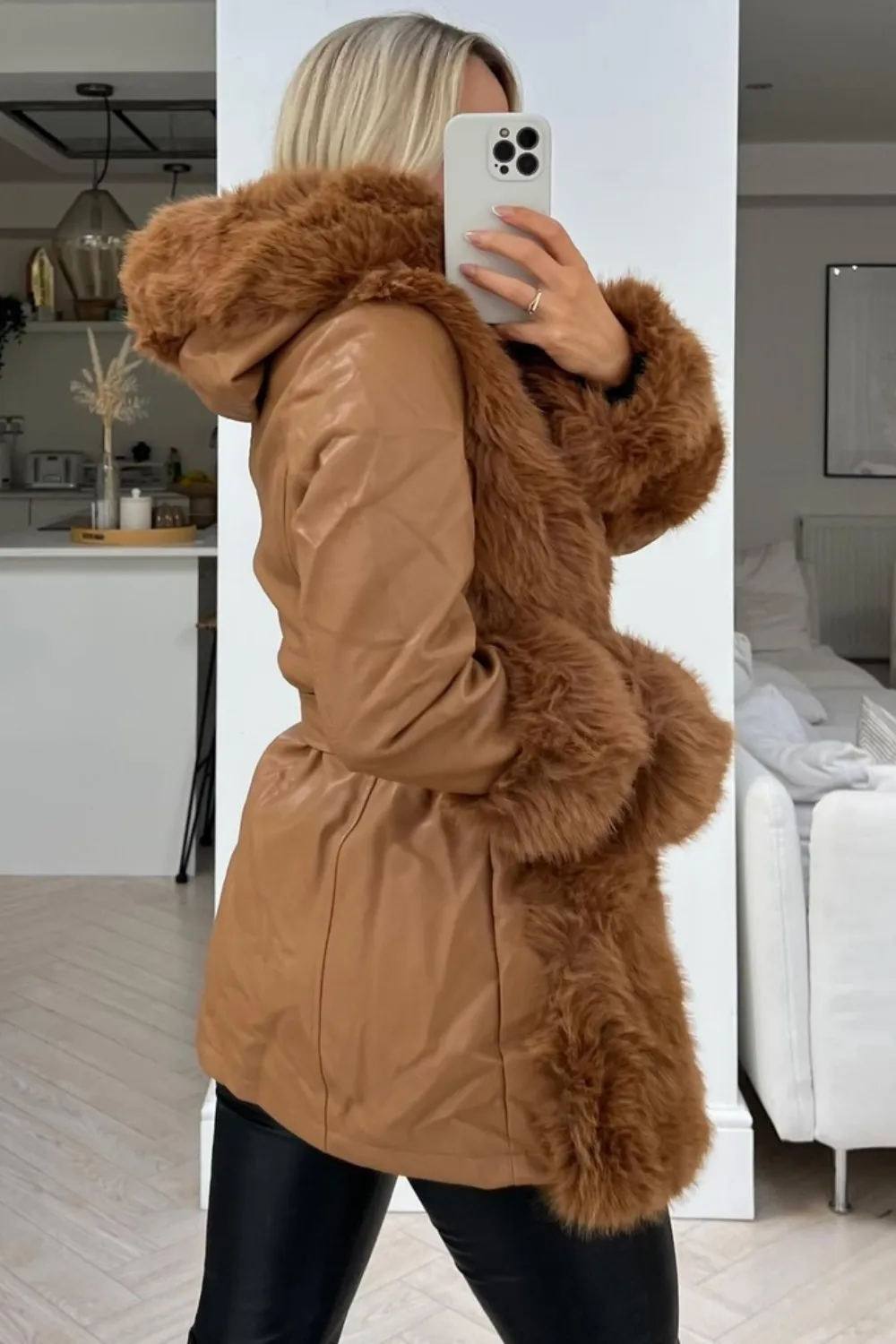 Gigi Camel faux fur tie wasit hooded coat