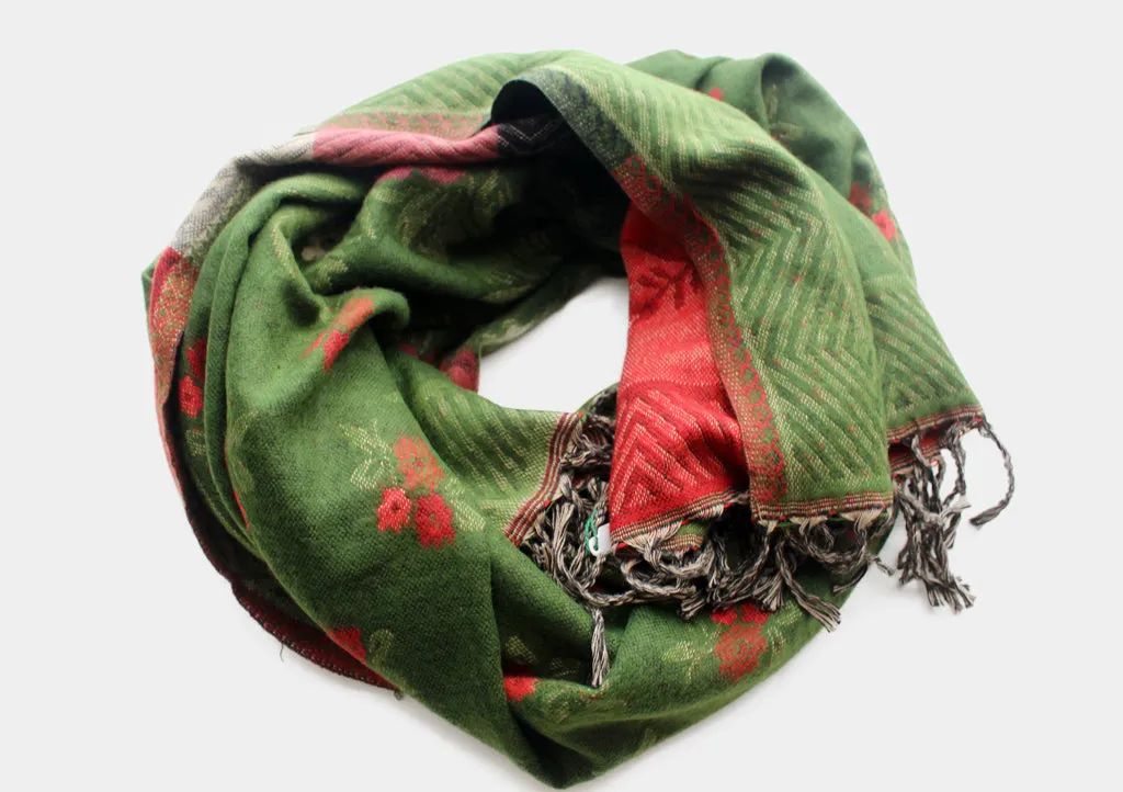 Hand Loomed Red and Green Flower Printed Yak Wool Shawl