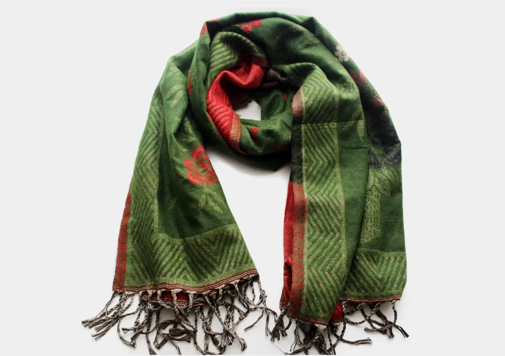 Hand Loomed Red and Green Flower Printed Yak Wool Shawl