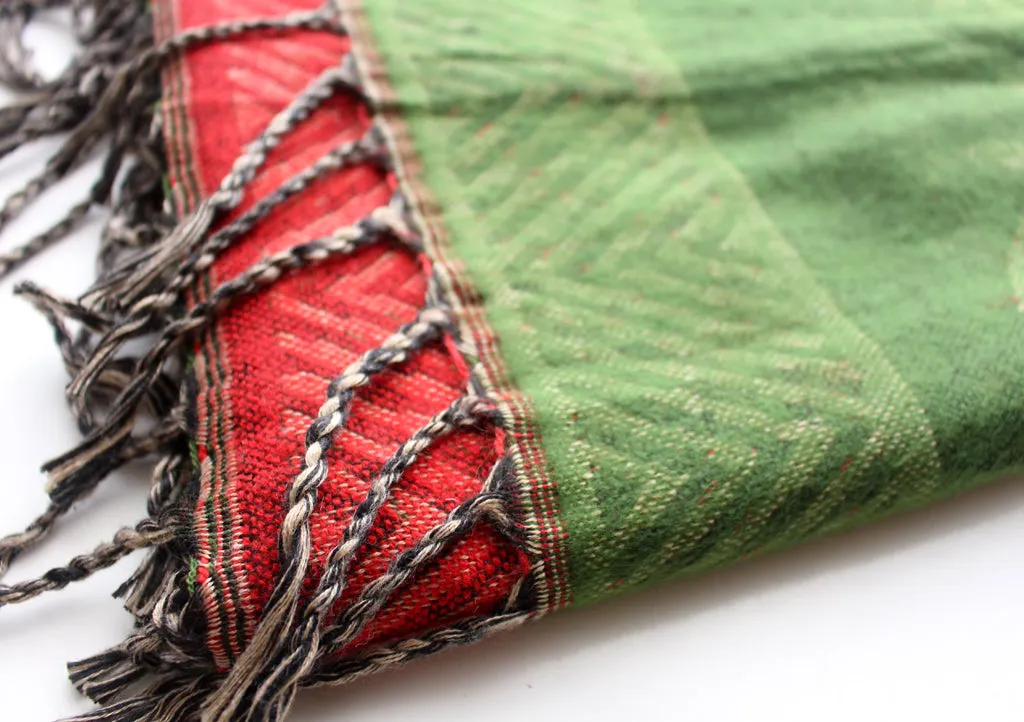 Hand Loomed Red and Green Flower Printed Yak Wool Shawl