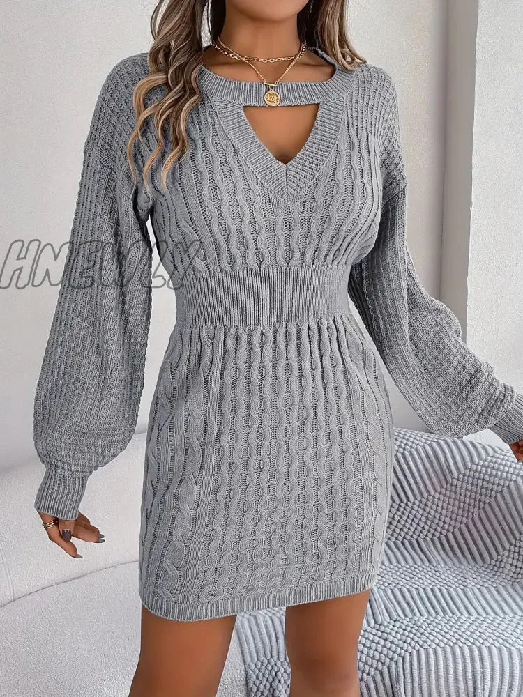 Hnewly Keyhole Cable Knit Sweater Dress, Casual Long Sleeve Bodycon Dress, Women's Clothing