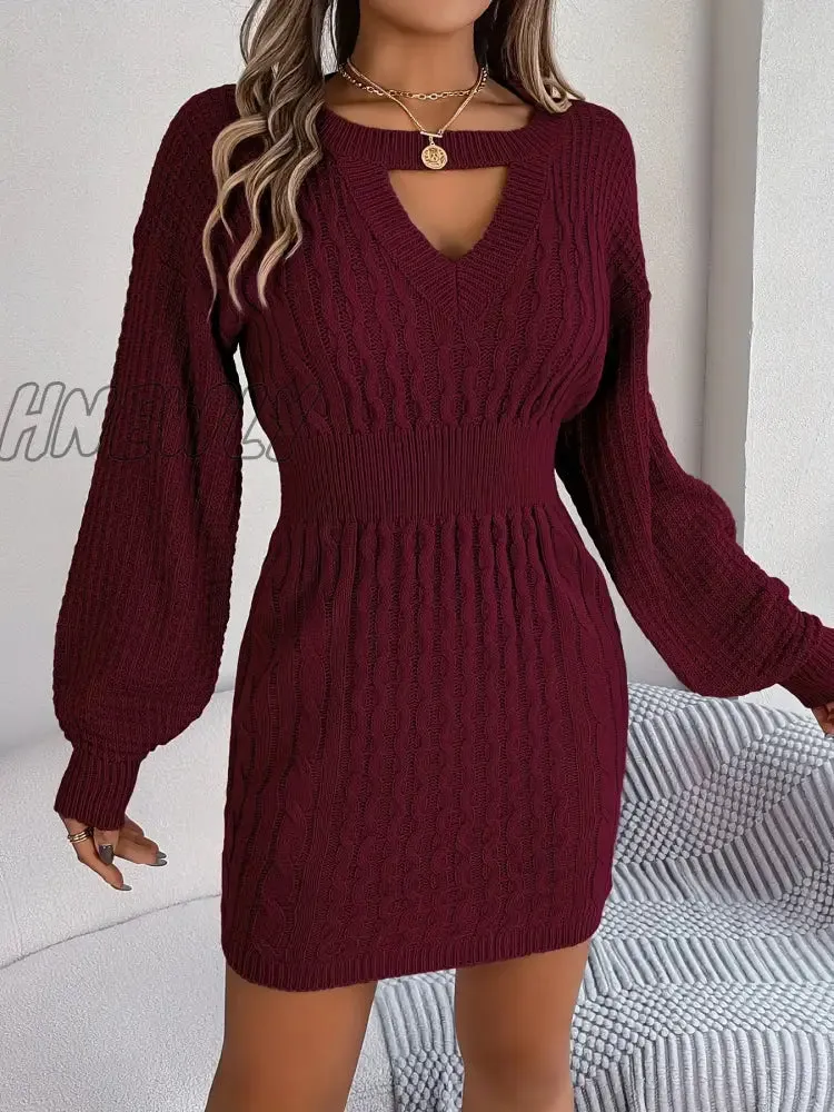 Hnewly Keyhole Cable Knit Sweater Dress, Casual Long Sleeve Bodycon Dress, Women's Clothing