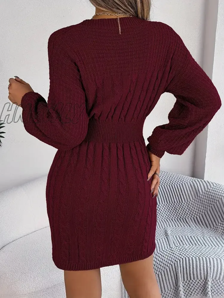 Hnewly Keyhole Cable Knit Sweater Dress, Casual Long Sleeve Bodycon Dress, Women's Clothing