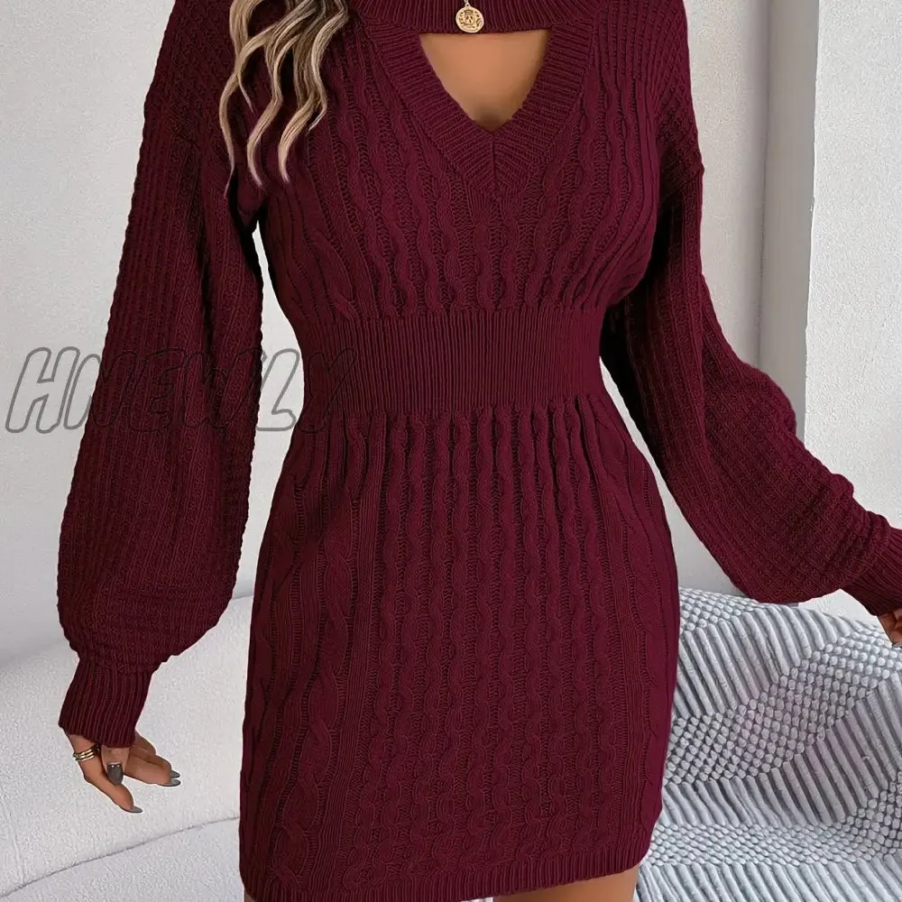 Hnewly Keyhole Cable Knit Sweater Dress, Casual Long Sleeve Bodycon Dress, Women's Clothing