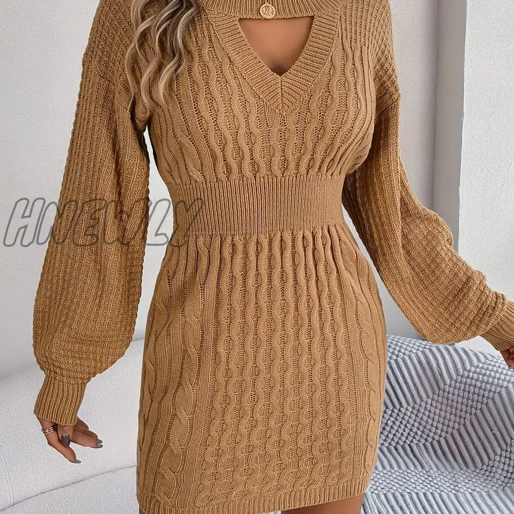 Hnewly Keyhole Cable Knit Sweater Dress, Casual Long Sleeve Bodycon Dress, Women's Clothing