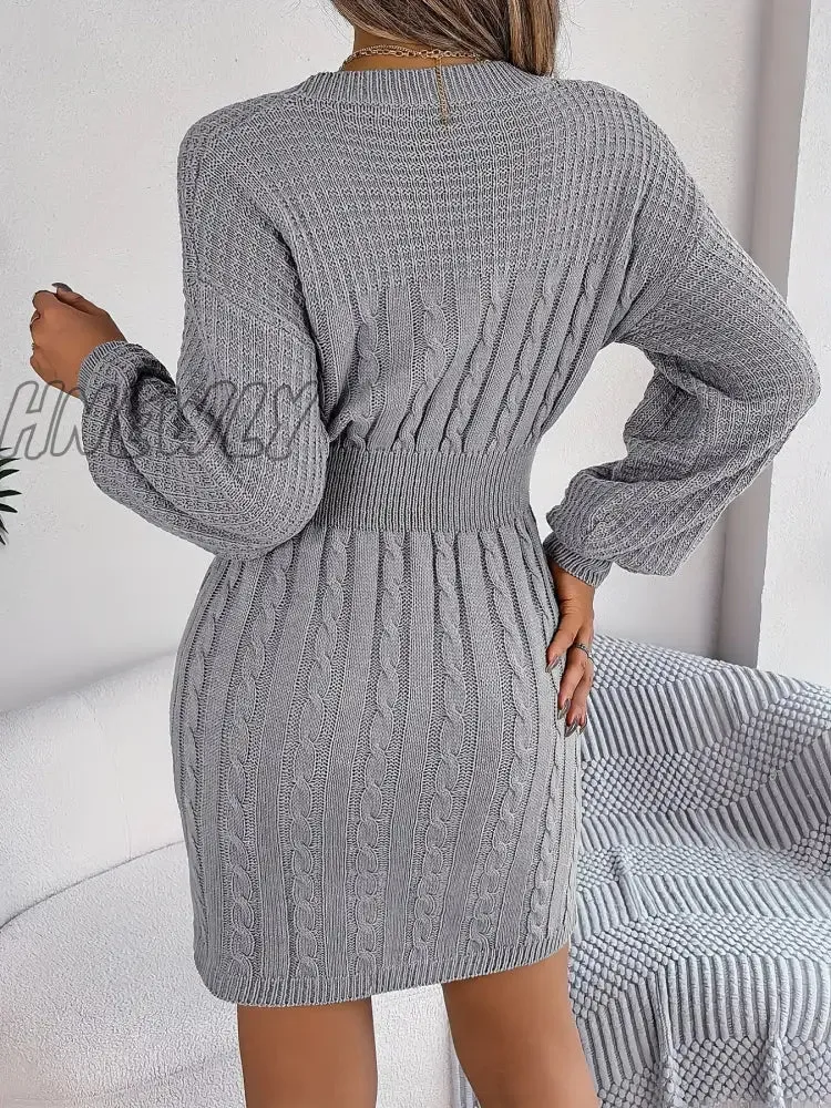 Hnewly Keyhole Cable Knit Sweater Dress, Casual Long Sleeve Bodycon Dress, Women's Clothing