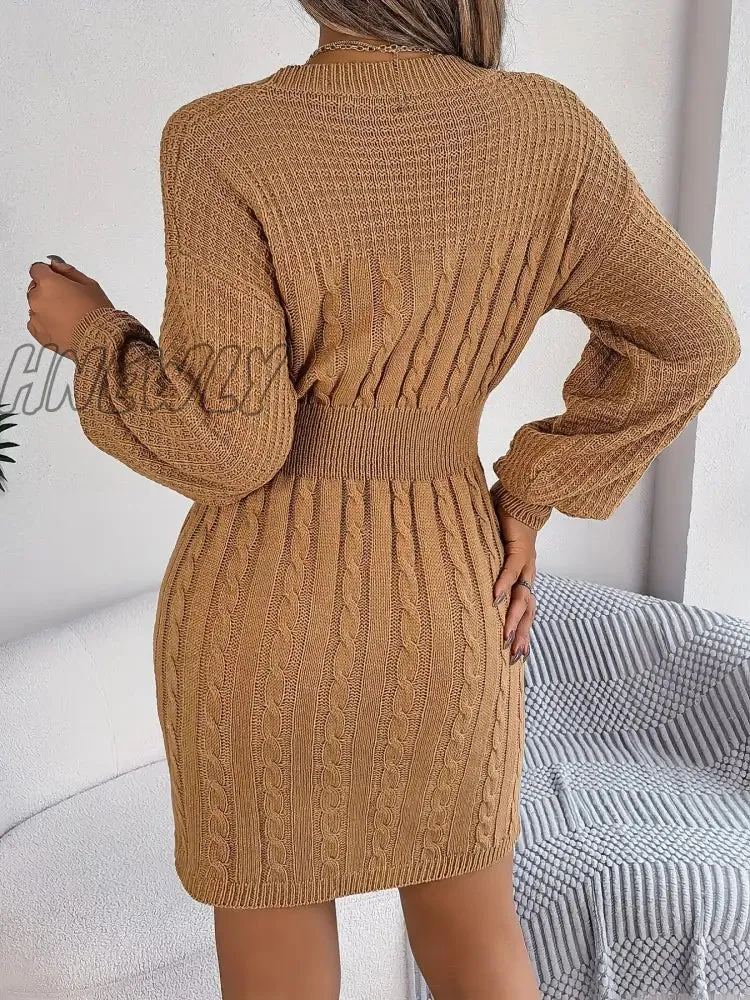 Hnewly Keyhole Cable Knit Sweater Dress, Casual Long Sleeve Bodycon Dress, Women's Clothing