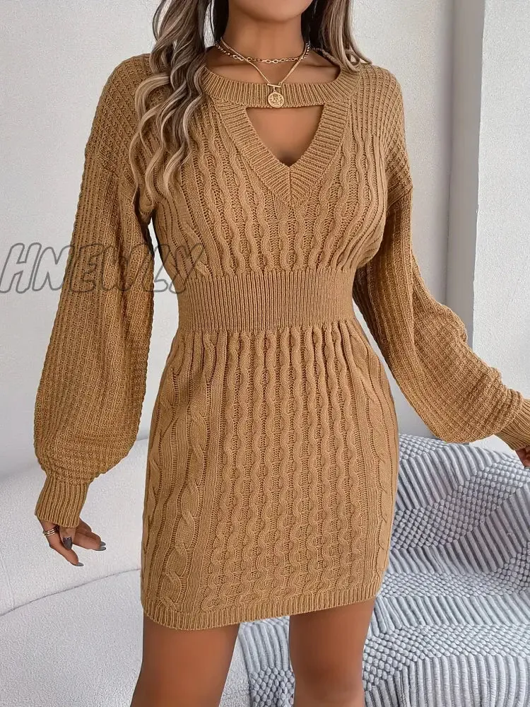 Hnewly Keyhole Cable Knit Sweater Dress, Casual Long Sleeve Bodycon Dress, Women's Clothing