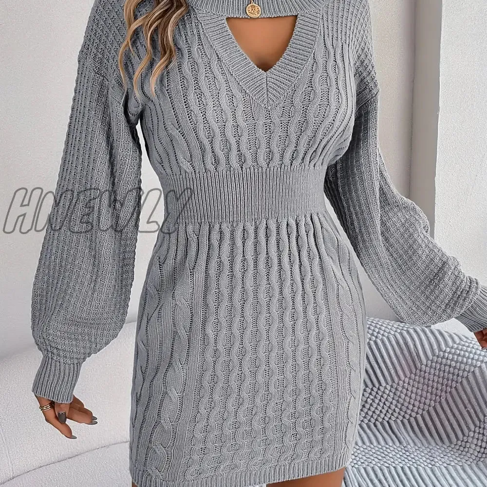 Hnewly Keyhole Cable Knit Sweater Dress, Casual Long Sleeve Bodycon Dress, Women's Clothing