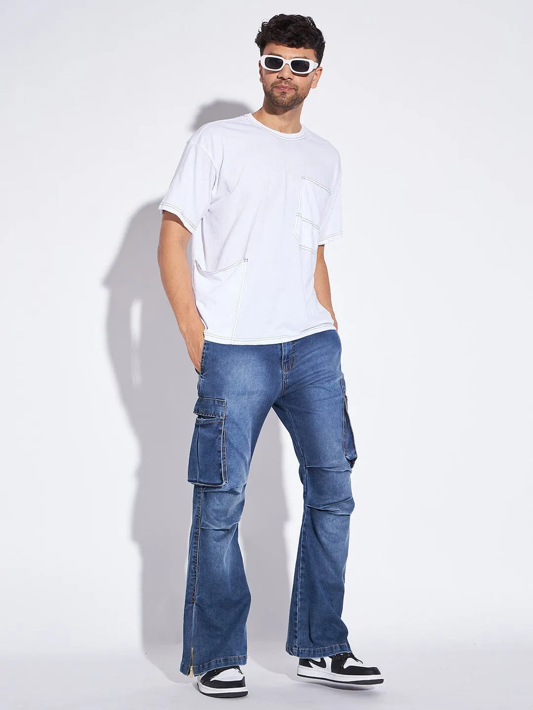 Indigo Flared Zipped Cargo Denim