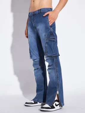 Indigo Flared Zipped Cargo Denim