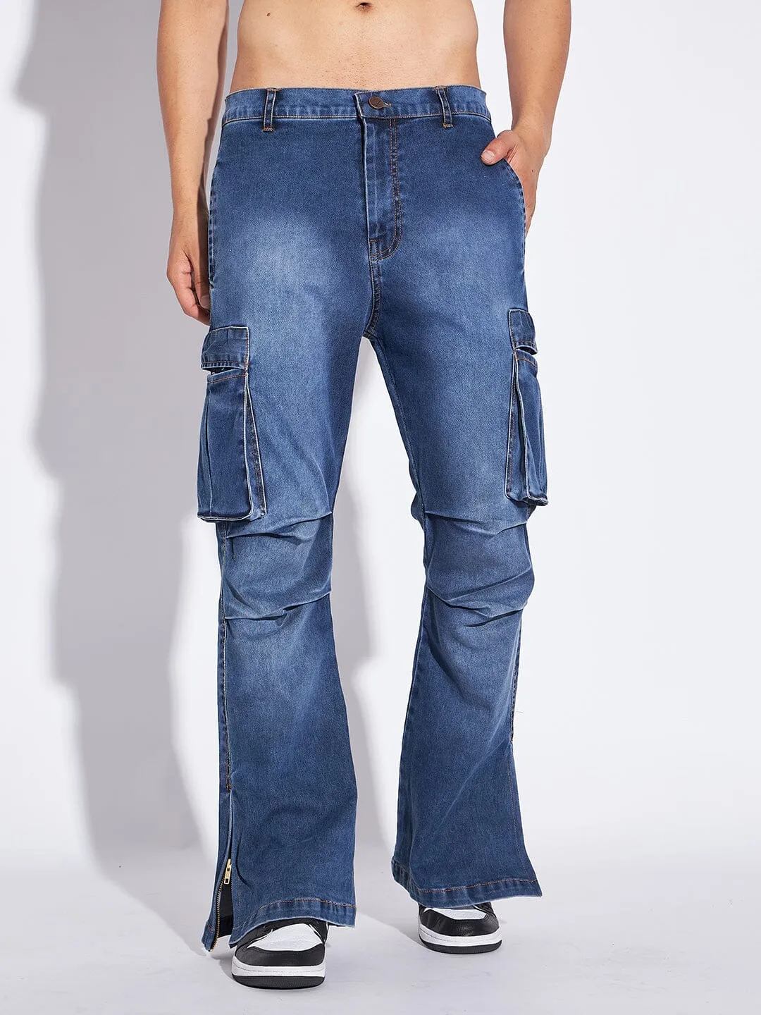 Indigo Flared Zipped Cargo Denim