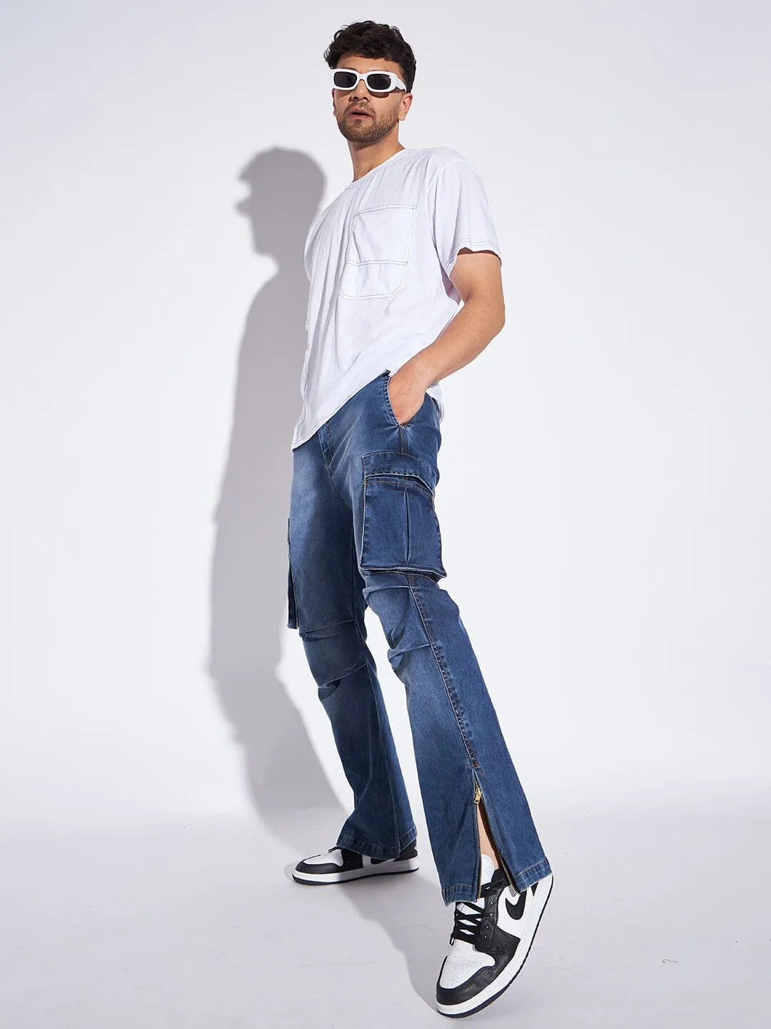 Indigo Flared Zipped Cargo Denim