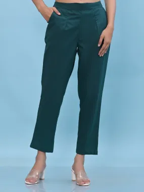 Jashvi Women Green Solid Cotton Pants with Partially Elasticated Waistband and Two Side Pockets