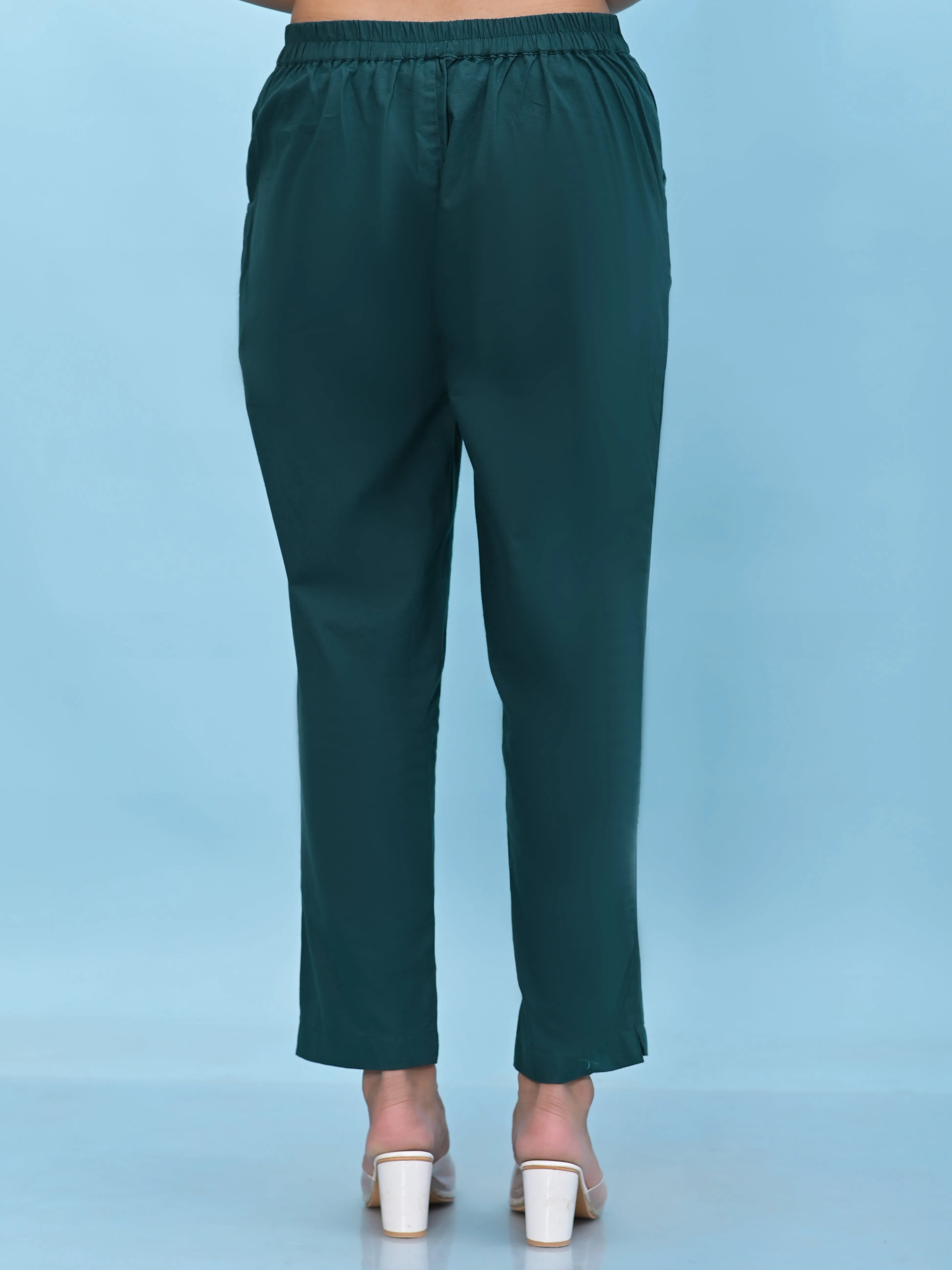 Jashvi Women Green Solid Cotton Pants with Partially Elasticated Waistband and Two Side Pockets