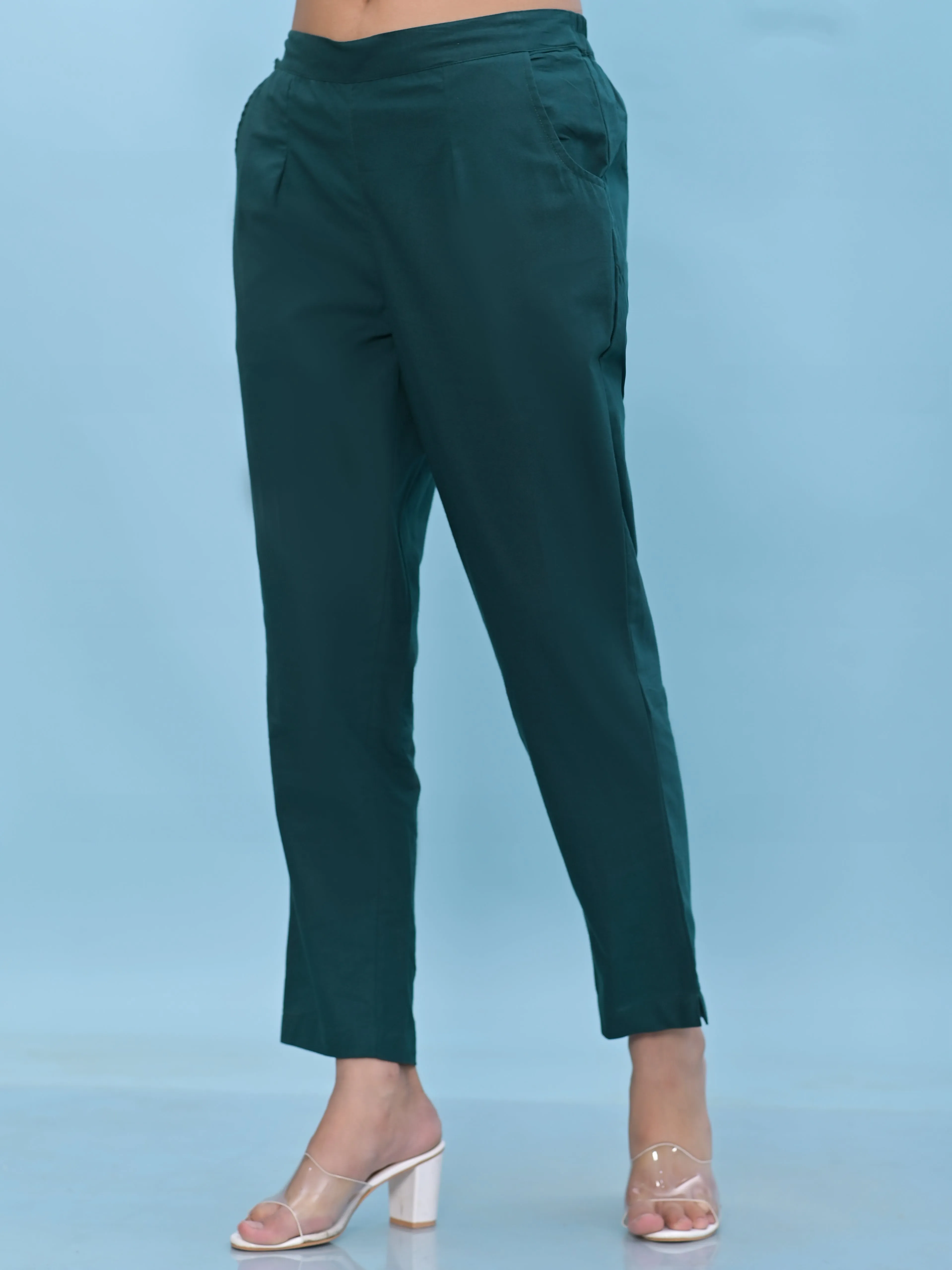 Jashvi Women Green Solid Cotton Pants with Partially Elasticated Waistband and Two Side Pockets