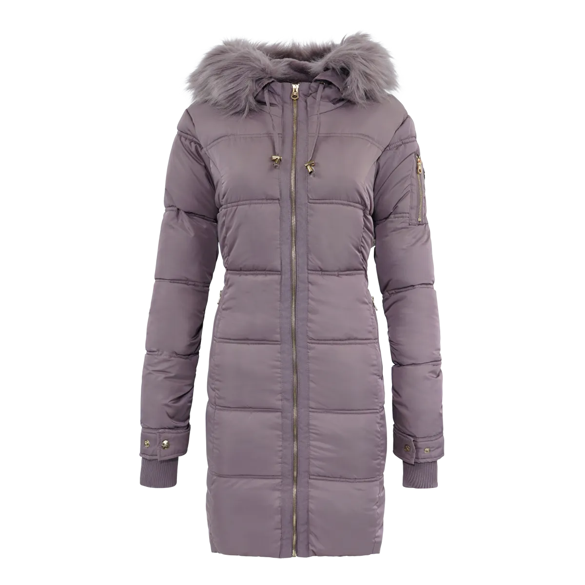 Jessica Simpson Women's Fur Trimmed Sherpa Lined Quilted Puffer Jacket Mauve L