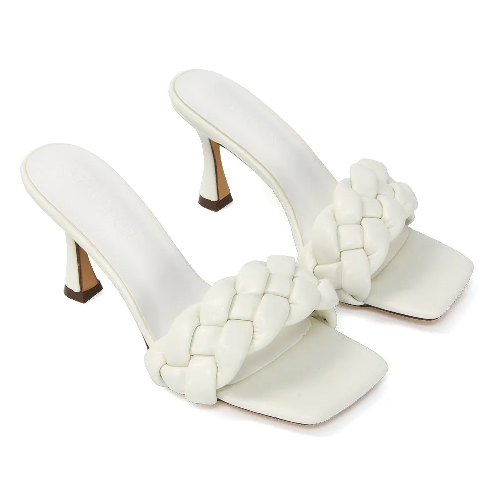 Lilah Woven Strap Square Toe Stiletto mid High Heel Mule Slip on Sandals in White