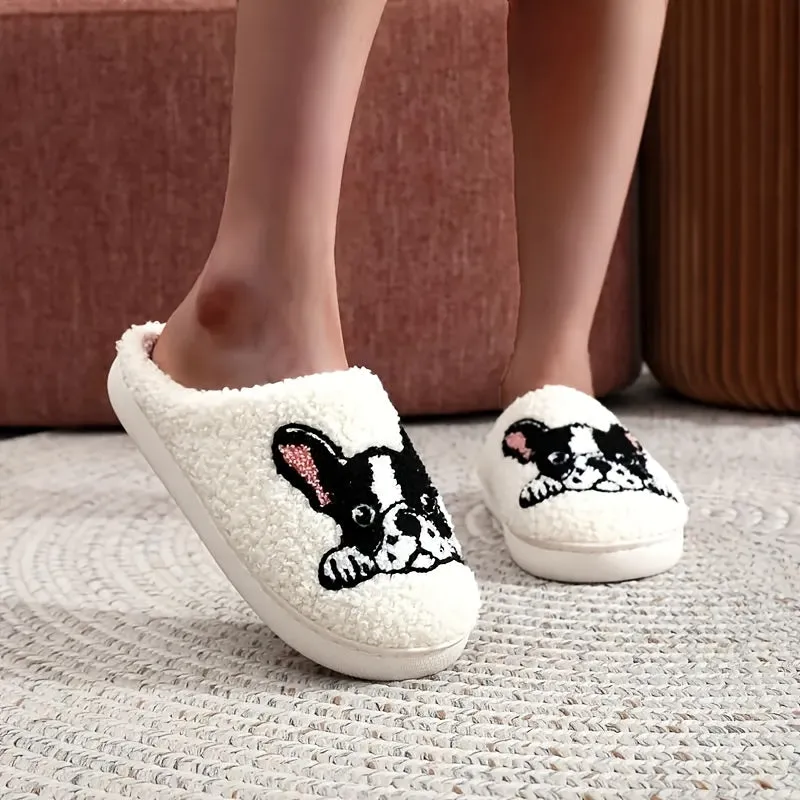 Men's Bulldog Pattern Hollow Out Fuzzy Slippers, Comfy Non Slip Casual Thermal Slides, Men's Winter Indoor Footwear