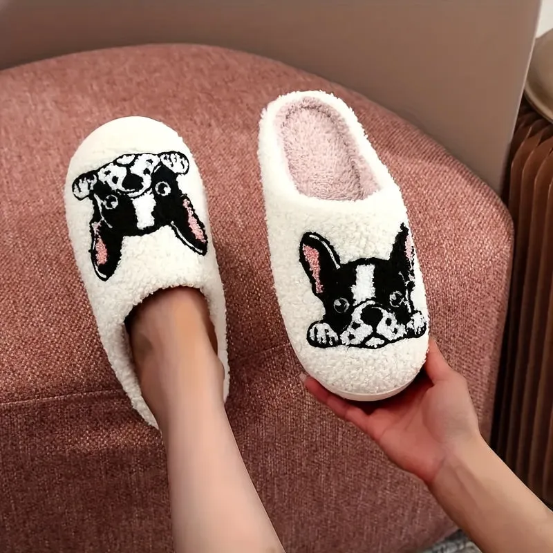 Men's Bulldog Pattern Hollow Out Fuzzy Slippers, Comfy Non Slip Casual Thermal Slides, Men's Winter Indoor Footwear