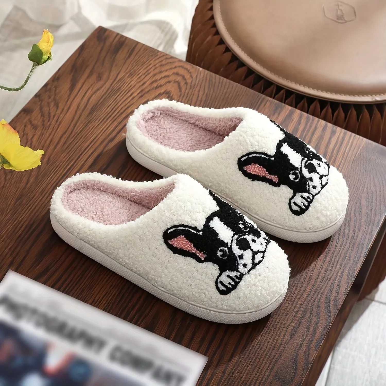 Men's Bulldog Pattern Hollow Out Fuzzy Slippers, Comfy Non Slip Casual Thermal Slides, Men's Winter Indoor Footwear