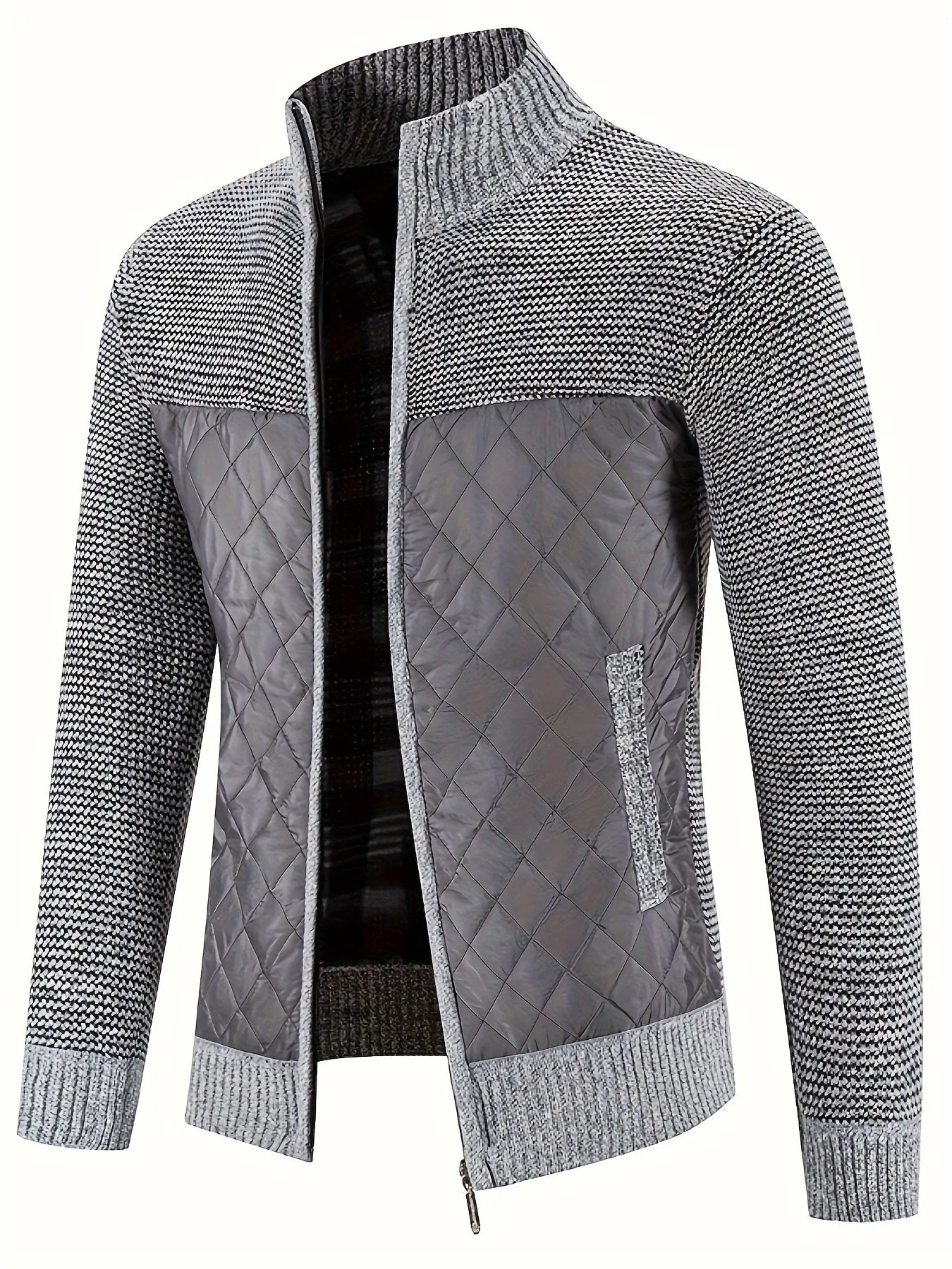 Men's Warm Sweater Casual Quilted Jacket, Stand Collar Jacket Coat For Fall Winter