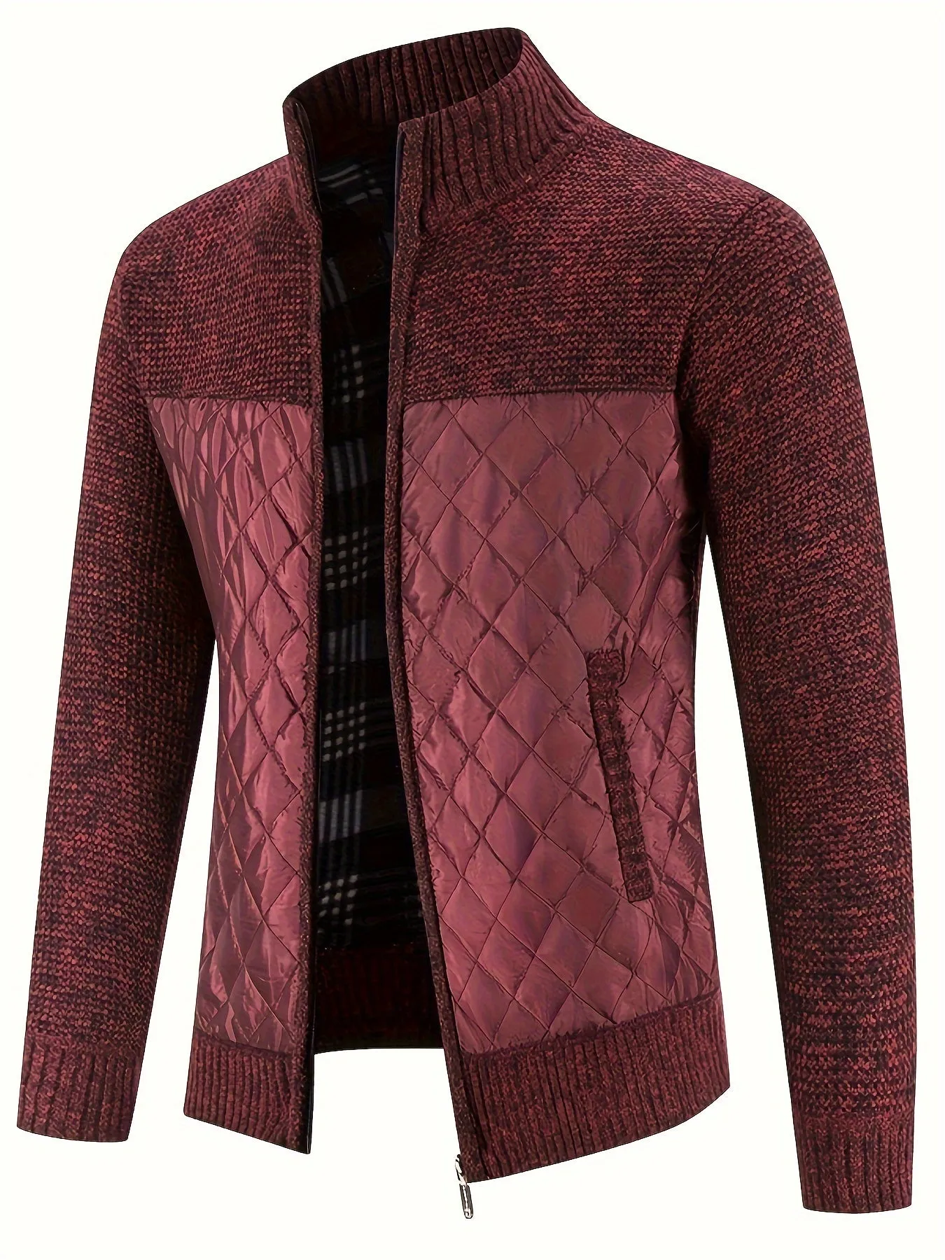 Men's Warm Sweater Casual Quilted Jacket, Stand Collar Jacket Coat For Fall Winter