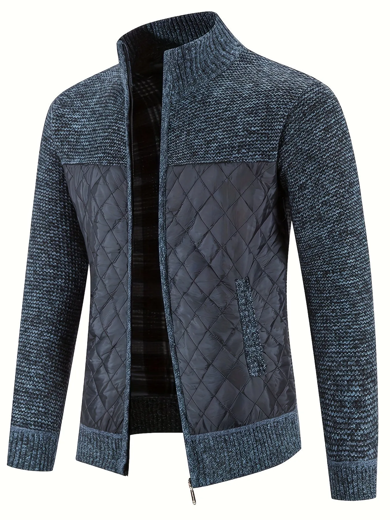 Men's Warm Sweater Casual Quilted Jacket, Stand Collar Jacket Coat For Fall Winter