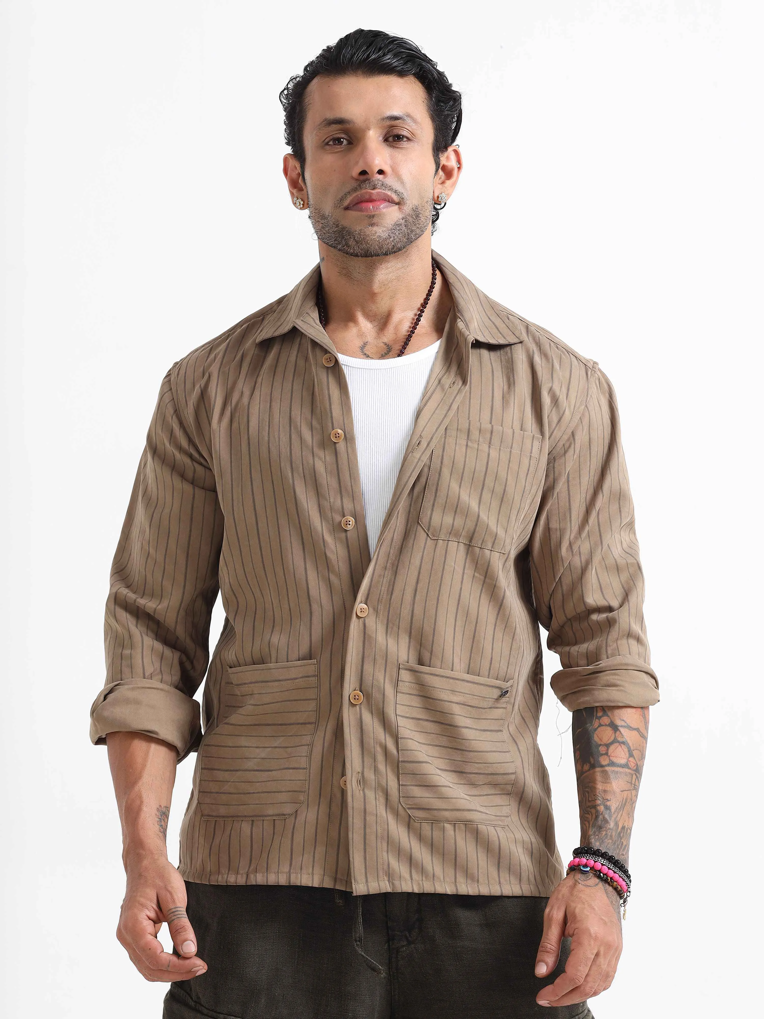 Mercury Cuban Stripe Shacket In Brown