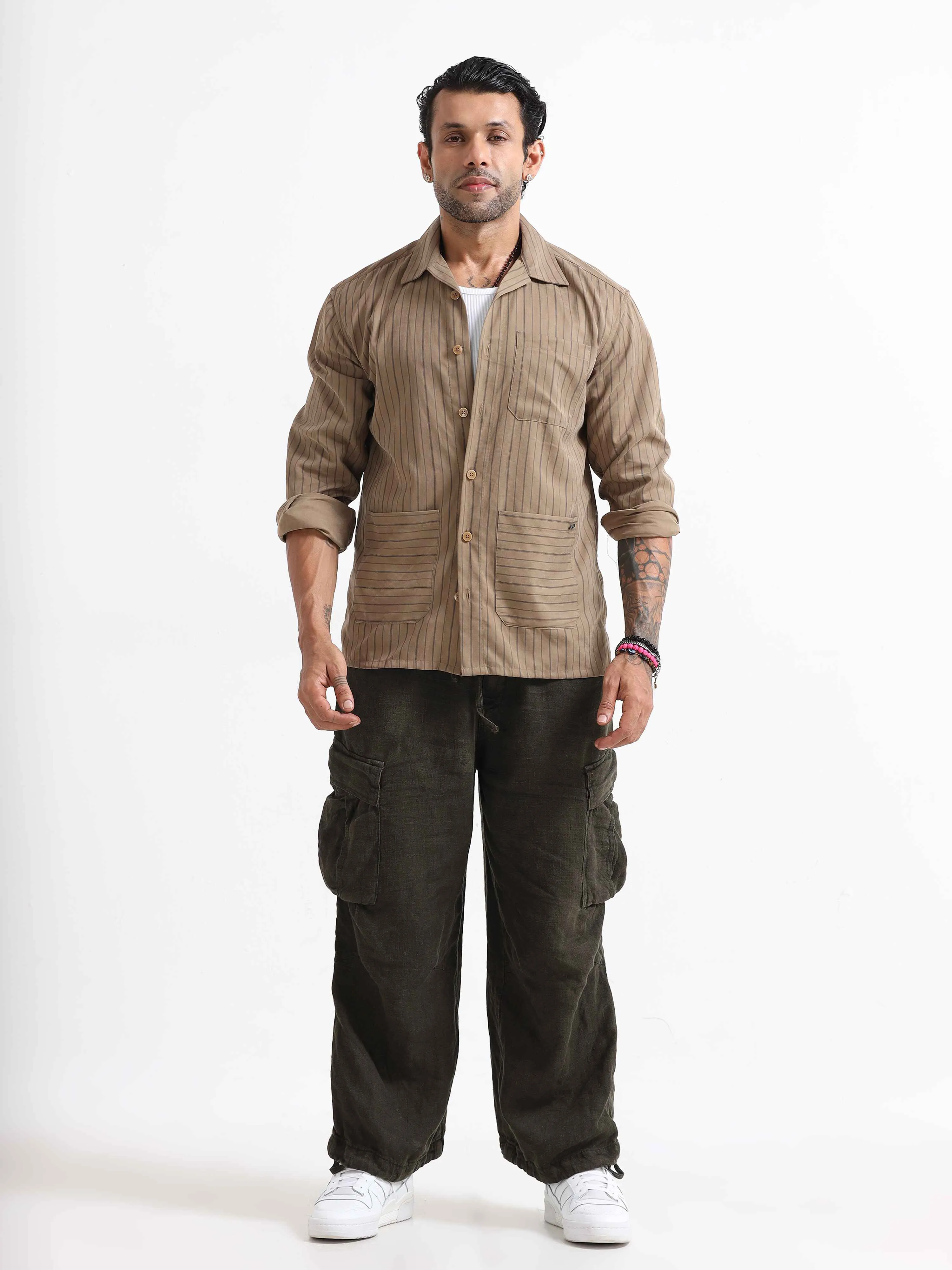 Mercury Cuban Stripe Shacket In Brown