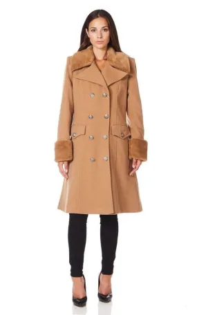 Military Faux Fur Trim Midi Coat-Camel