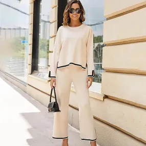 MS003 2 Piece Outfits Long Sleeve Knit Sweater Top Wide Leg Pants Lounge Sets