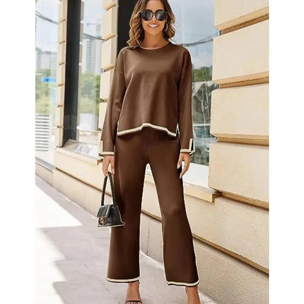 MS003 2 Piece Outfits Long Sleeve Knit Sweater Top Wide Leg Pants Lounge Sets