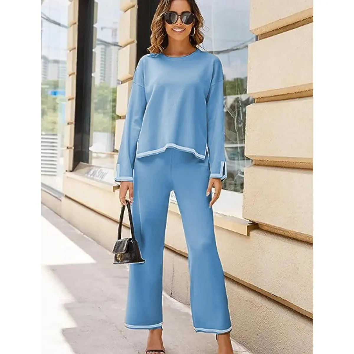 MS003 2 Piece Outfits Long Sleeve Knit Sweater Top Wide Leg Pants Lounge Sets