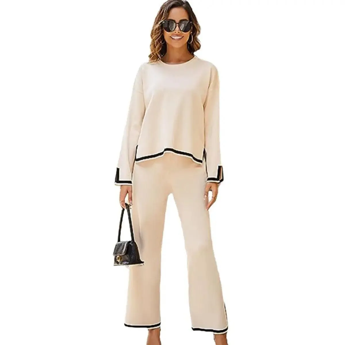 MS003 2 Piece Outfits Long Sleeve Knit Sweater Top Wide Leg Pants Lounge Sets