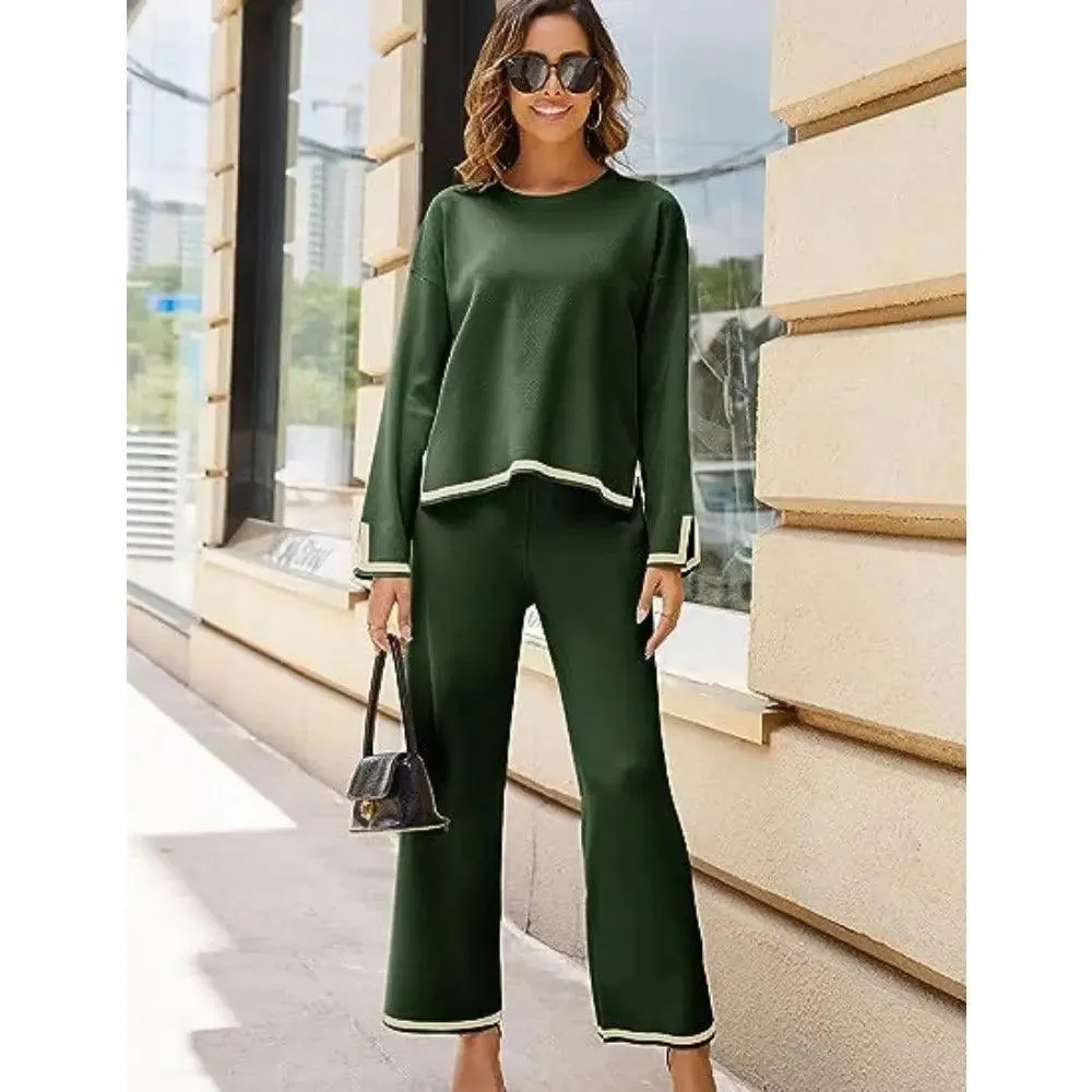 MS003 2 Piece Outfits Long Sleeve Knit Sweater Top Wide Leg Pants Lounge Sets