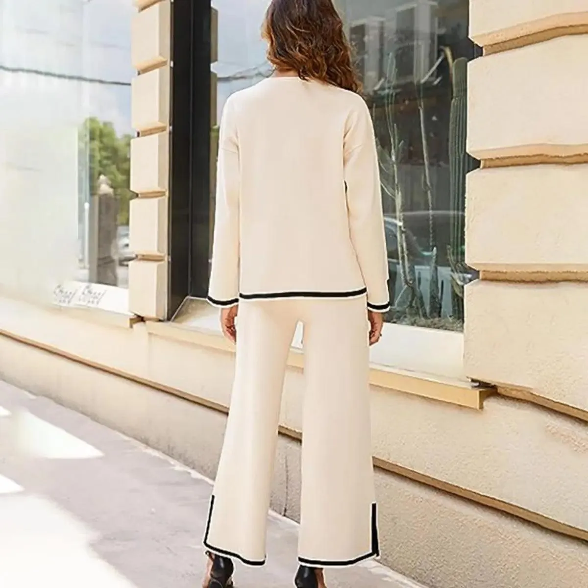 MS003 2 Piece Outfits Long Sleeve Knit Sweater Top Wide Leg Pants Lounge Sets