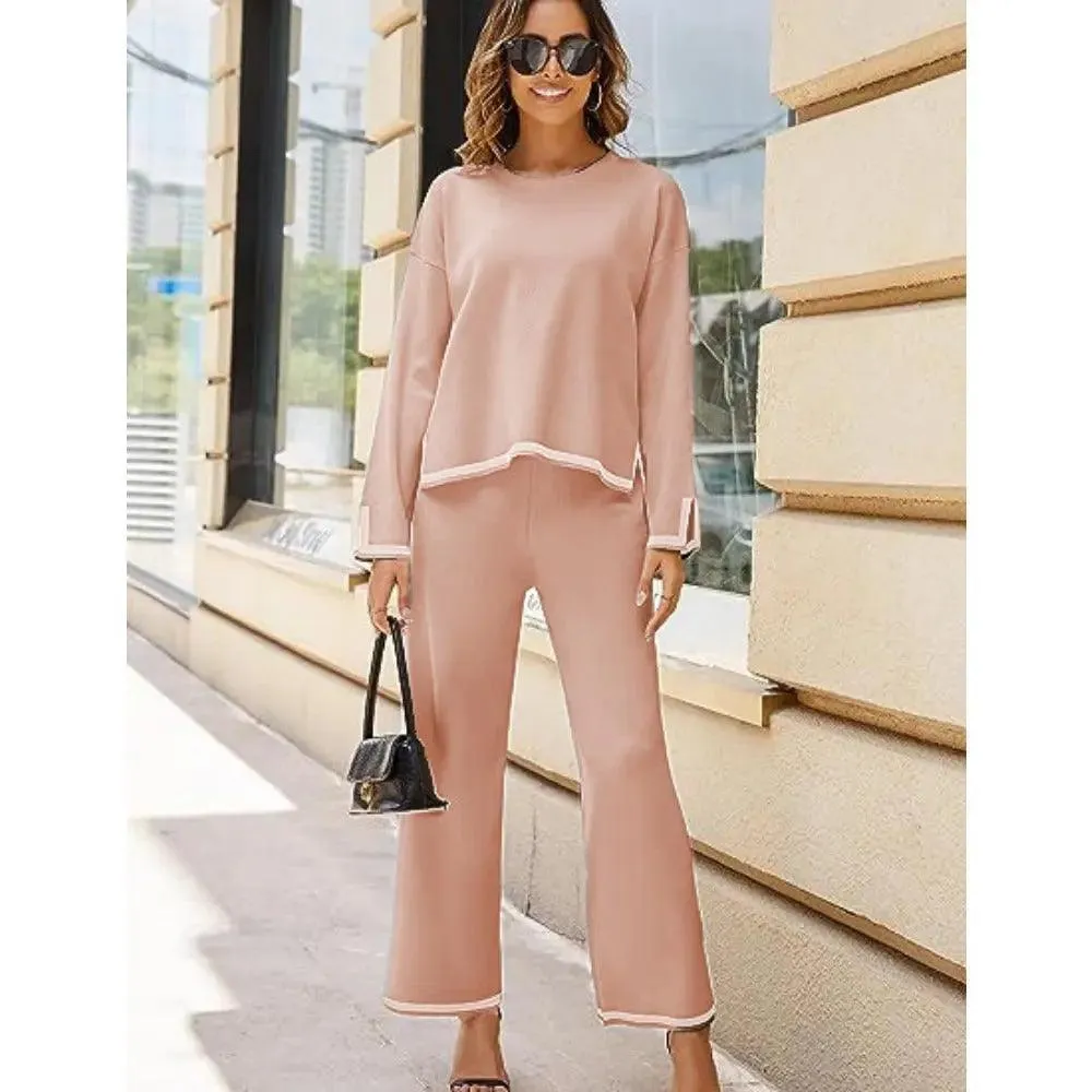 MS003 2 Piece Outfits Long Sleeve Knit Sweater Top Wide Leg Pants Lounge Sets