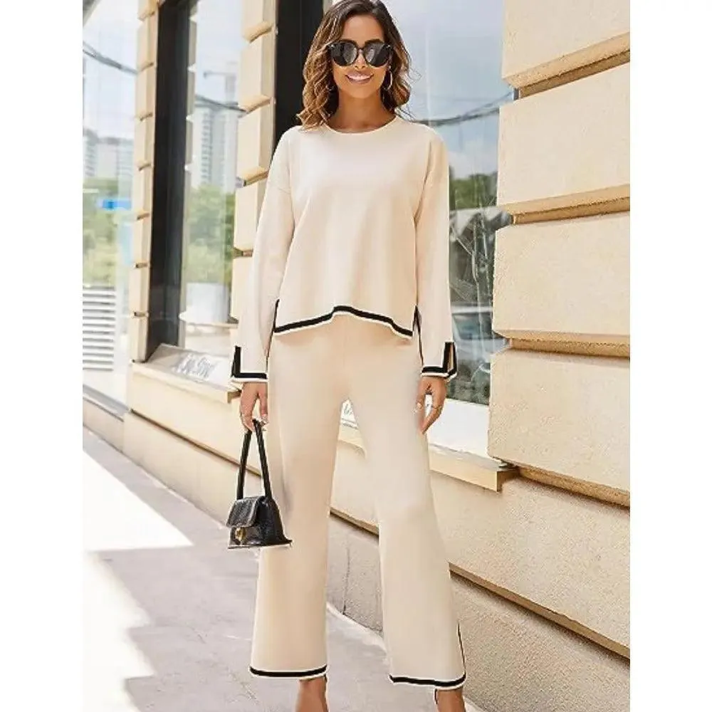 MS003 2 Piece Outfits Long Sleeve Knit Sweater Top Wide Leg Pants Lounge Sets