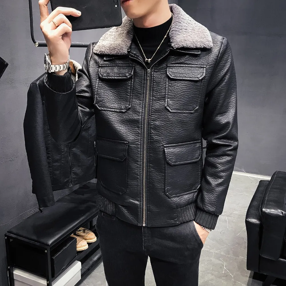 Multi Pocket Harsh Patterned Men Black Faux Leather Jacket