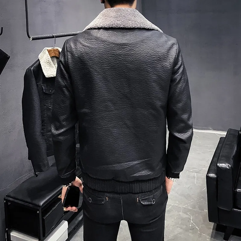 Multi Pocket Harsh Patterned Men Black Faux Leather Jacket