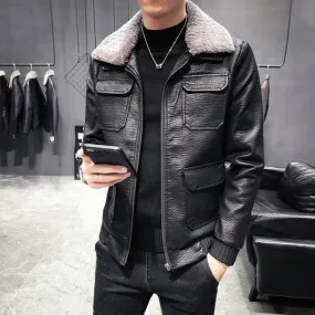 Multi Pocket Harsh Patterned Men Black Faux Leather Jacket